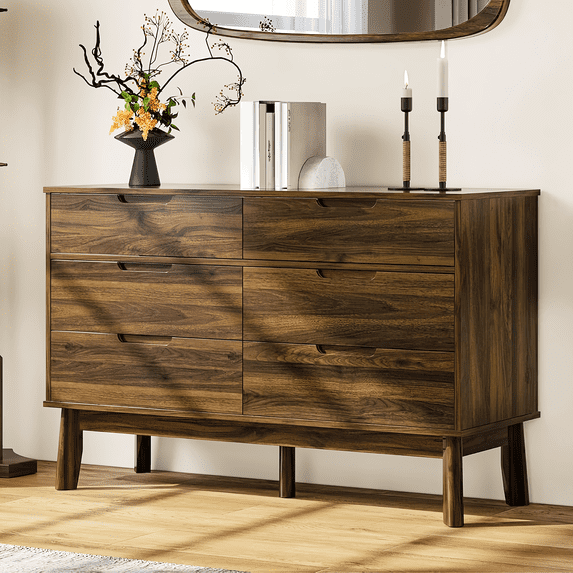 47" Wide 6 Drawer Dresser, Mid-Century Modern Double Dresser for Bedroom, Large Wood Storage Chest of Drawers, Dark Walnut Finish