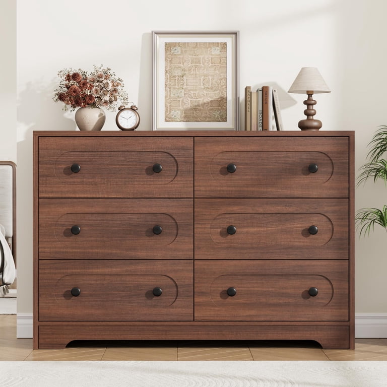 mid century modern dresser walmart Walker Edison 55 Mid-Century Modern Gallery Top Solid Wood 6-Drawer Dresser, Caramel