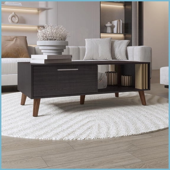 47" Wide Black Wengue & Natural Oak Coffee Table for Living Room  Pull-Down Cabinet & Open Shelf, Easy to Assemble