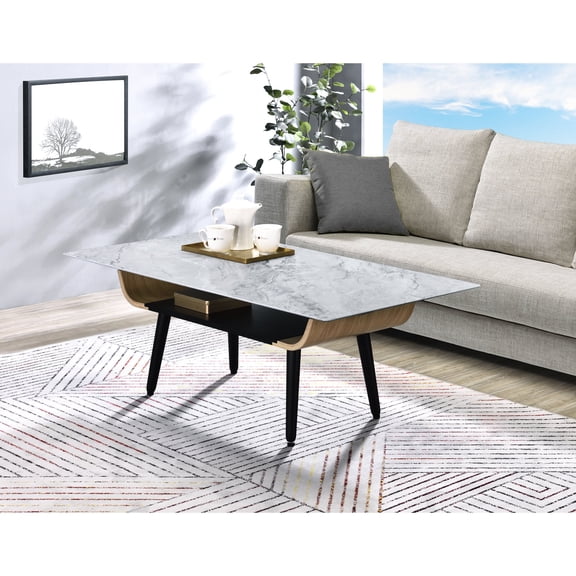 47" Wide Coffee Table | Dichromatic Storage Shelf for Easy Storage, 3-D Printed Texture on Top | Marble Glass and Bent Wood Design | Adjustable Feet to Keep It Level