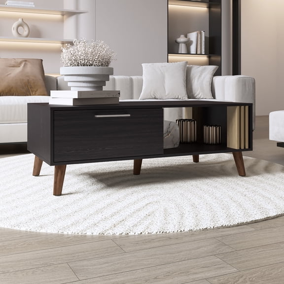 47" Wide Coffee Table For Living Room, Pull-down Cabinet And Extra Shelf, Black Natural Oak, Provides Storage Home, Easy Assembly Process With Storage, Quick