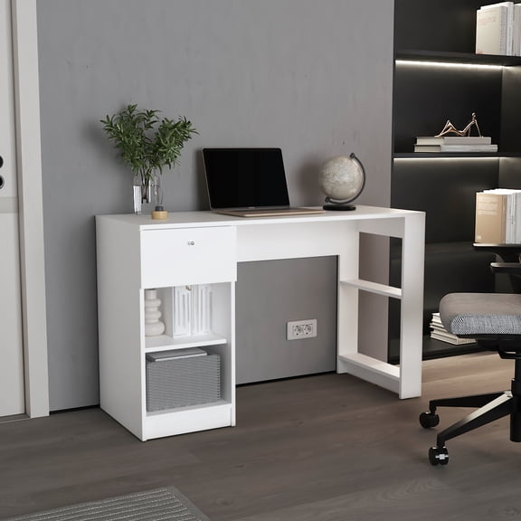 47" Wide Desk For Practical Use - White Rectangular With One Drawer And Four Shelves Construction Ample Storage Writing Modern Entertainment