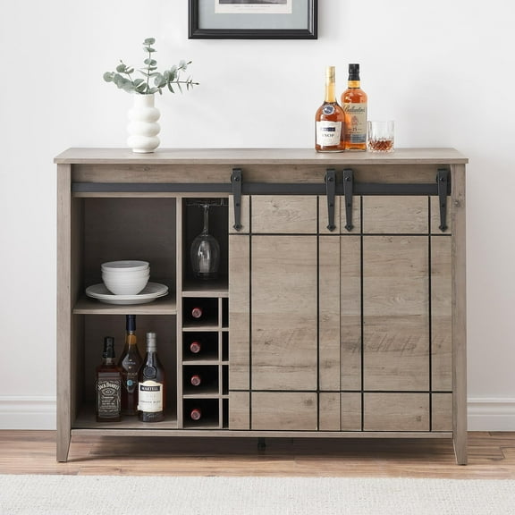 47" Wide Farmhouse Coffee Bar Wine Cabinet with Sliding Barn Door, 16-Bottle Wine Rack & 4-Tier Glass Storage, Storage Shelves for Dining Room, Living Room
