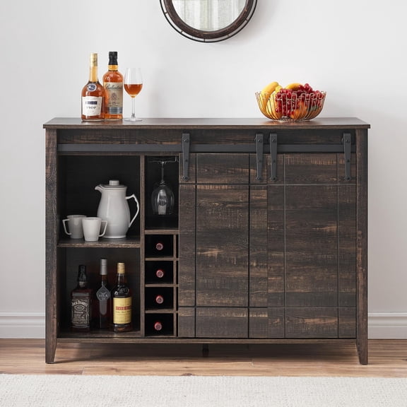 47" Wide Farmhouse Coffee Bar Wine Cabinet with Sliding Barn Door, 16-Bottle Wine Rack & 4-Tier Glass Storage, Storage Shelves for Dining Room, Living Room