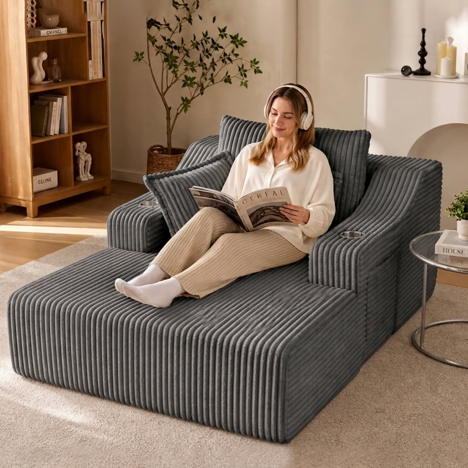 47" Wide Oversized Single Chaise Lounge Chair, 67'' Sleeper Sofa Bed with Cup Holders & 3 Pillows