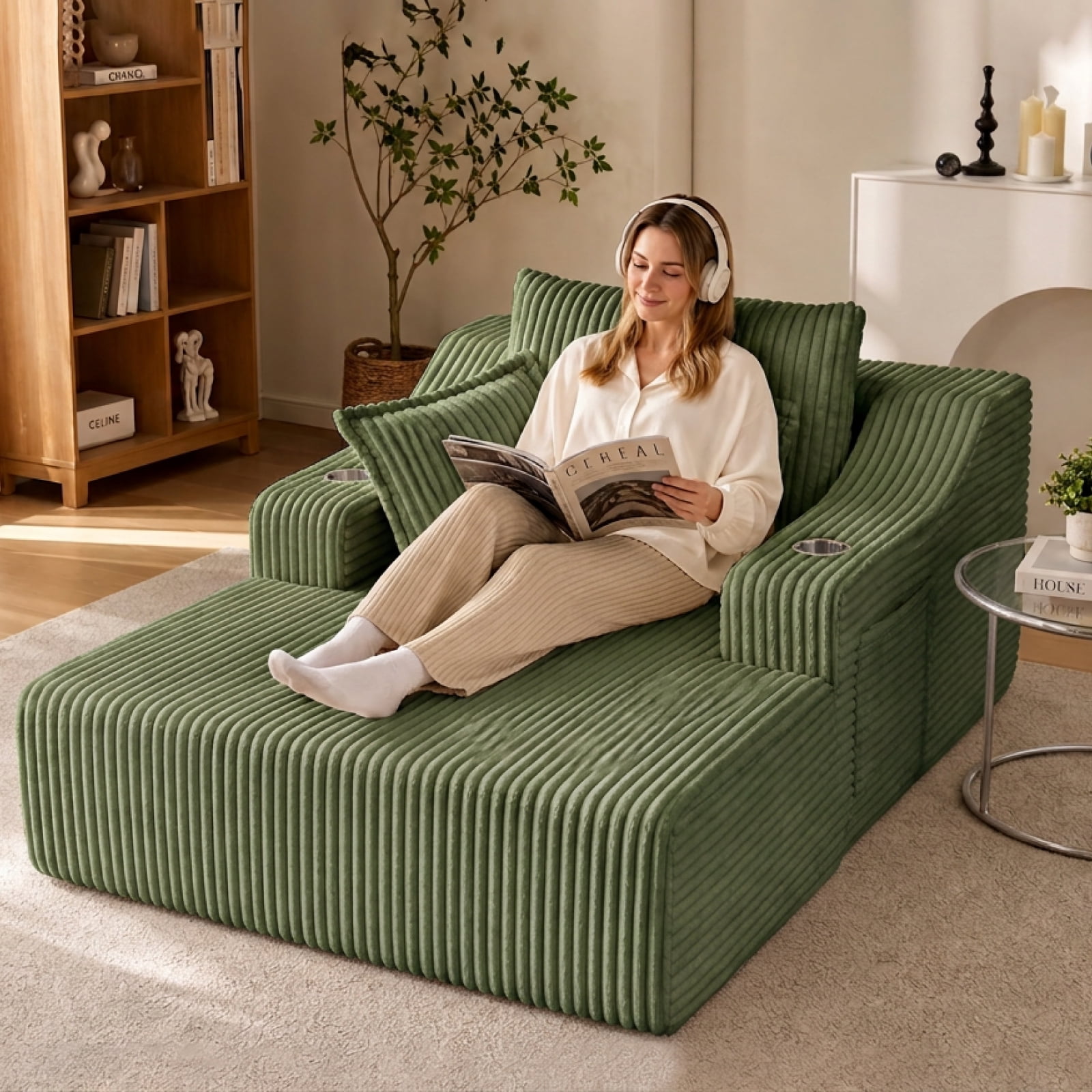 47" Wide Oversized Single Chaise Lounge Chair, 67'' Sleeper Sofa Bed with Cup Holders & 3 Pillows