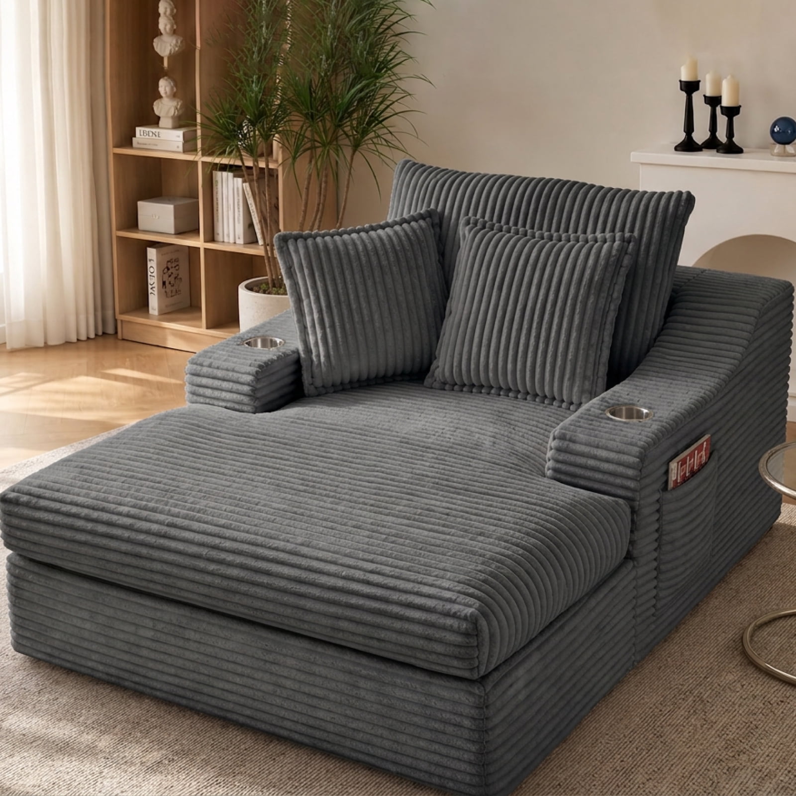 47" Wide Oversized Single Chaise Lounge Chair, 67'' Sleeper Sofa Bed with Cup Holders & 3 Pillows
