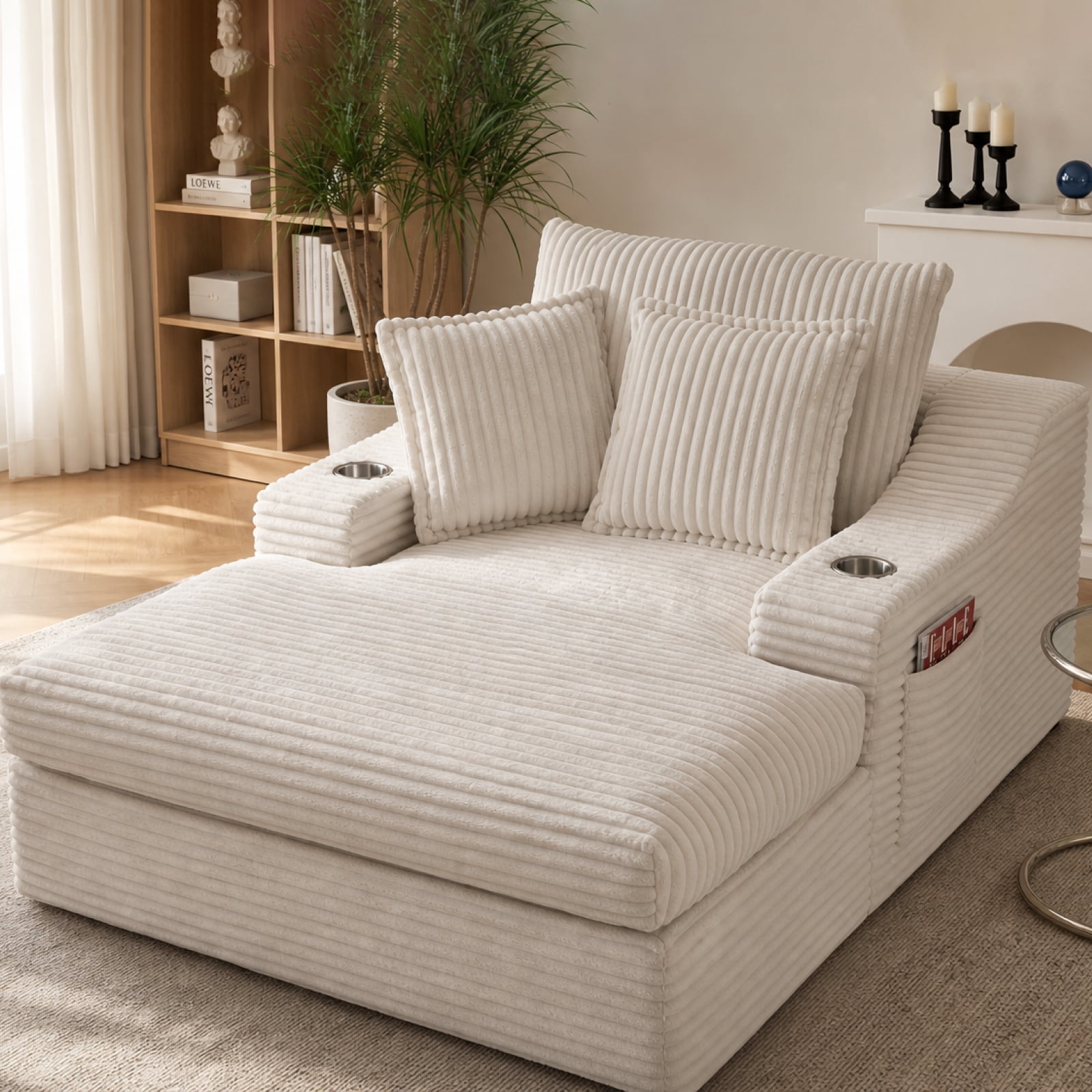 47" Wide Oversized Single Chaise Lounge Chair, 67'' Sleeper Sofa Bed with Cup Holders & 3 Pillows