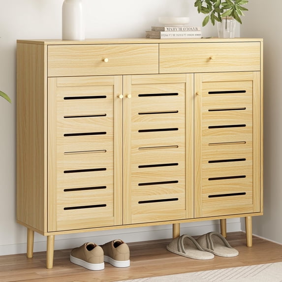 Entryway 3-Door Shoe Cabinet with Dual Drawers, Extra Deep Storage & Adjustable Shelf – Japandi-Style Light Oak Wooden Shoe Storage for 18–24 Pairs, Modern Organizer, 47-Inch
