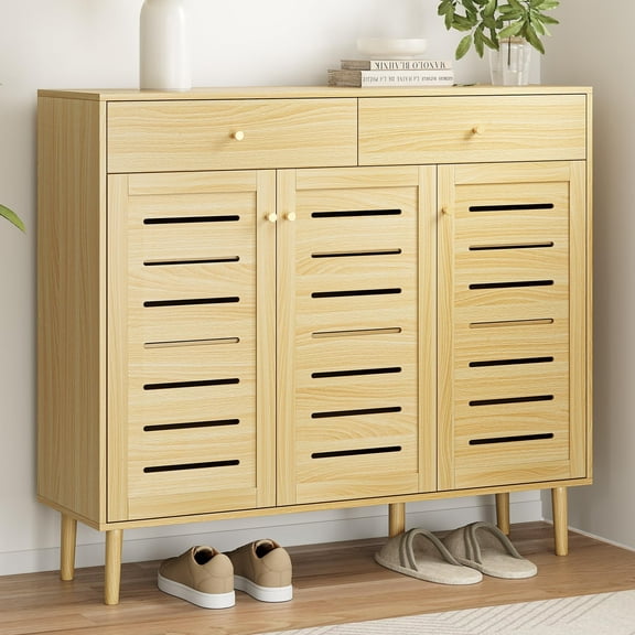 Entryway 3-Door Shoe Cabinet with Dual Drawers, Extra Deep Storage & Adjustable Shelf Japandi-Style Light Oak Wooden Shoe Storage for 1824 Pairs, Modern Organizer, 47-Inch