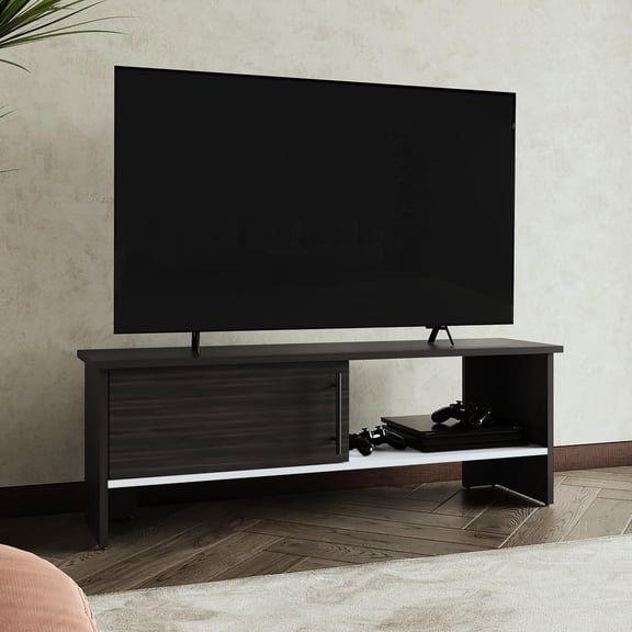 47" Wide Tv Stand For Living Space. Dark Walnut - White. One Door Cabinet And Open Shelf. Modern Design. Ample Storage. Cable Management Feature. . Fits Up To 54" Tvs. Easy Assembly Guide Wide. Room