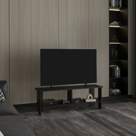 47" Wide Tv Stand . Two Shelves For Accessories. Fits 60 - 69 Inch Tvs. Modern Black . Elegant Look With Shelves. Accommodates Compact