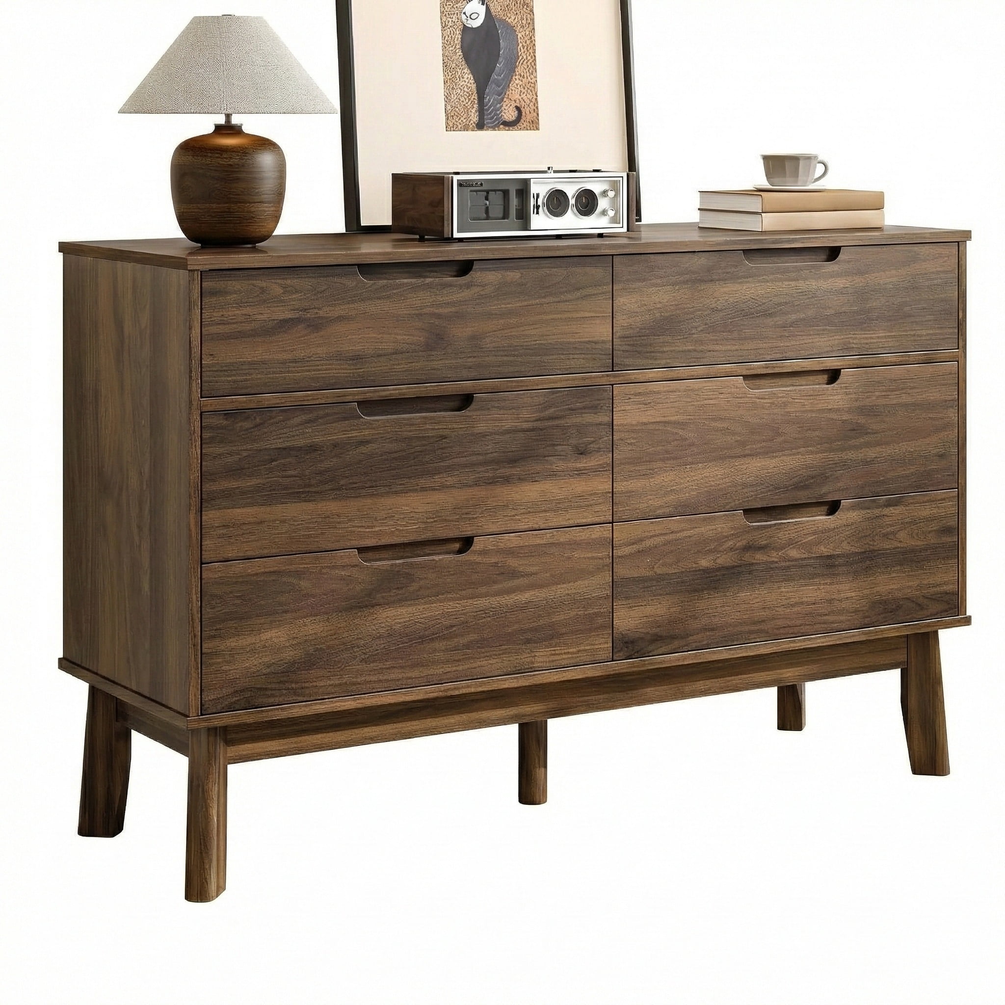 47" Wide Wooden Dresser for Bedroom, Mid-Century Modern 6 Drawer Double Dresser with Natural Wood Grain, Large Horizontal Storage Chest for Living Room, Anti-Tip Kit, Dark Walnut