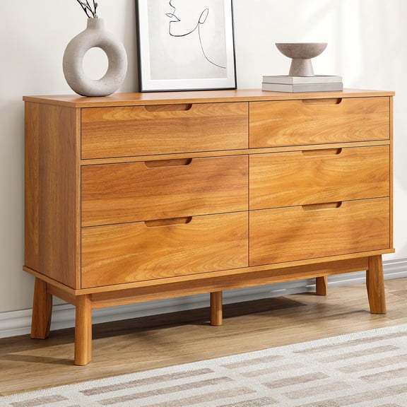 47" Wide Wooden Dresser for Bedroom, Mid-Century Modern 6 Drawer Double Dresser with Walnut Wood Grain, Large Horizontal Storage Chest for Living Room, Anti-Tip Kit, Caramel