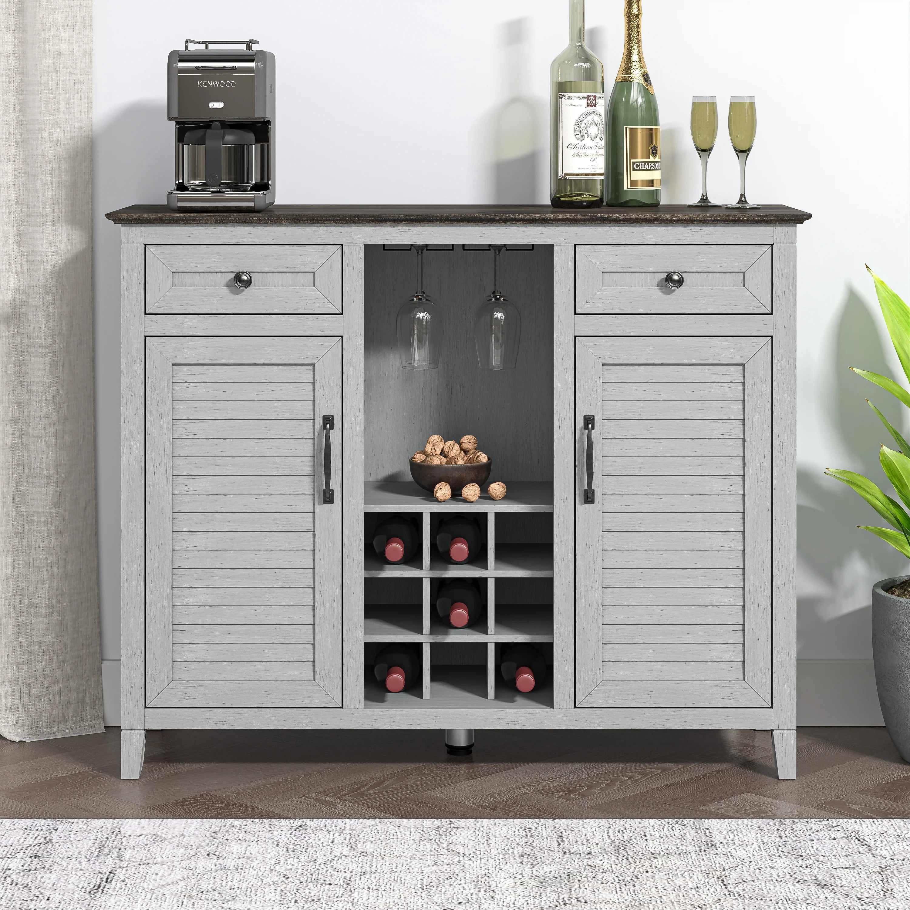 47" Wine Cabinet – Metal Glass Rack, Wood Grid, Adjustable Shelves & Two-Tone Finish，Grey