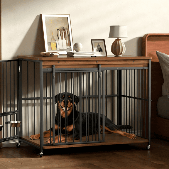 47" Wood Dog Crate Furniture, Large Indoor Dog Kennel with Sliding Lockable Doors,Multi-Side Openings & Feeding Window Pet Cage House,Heavy Duty End Table with Wheels,Brown,L
