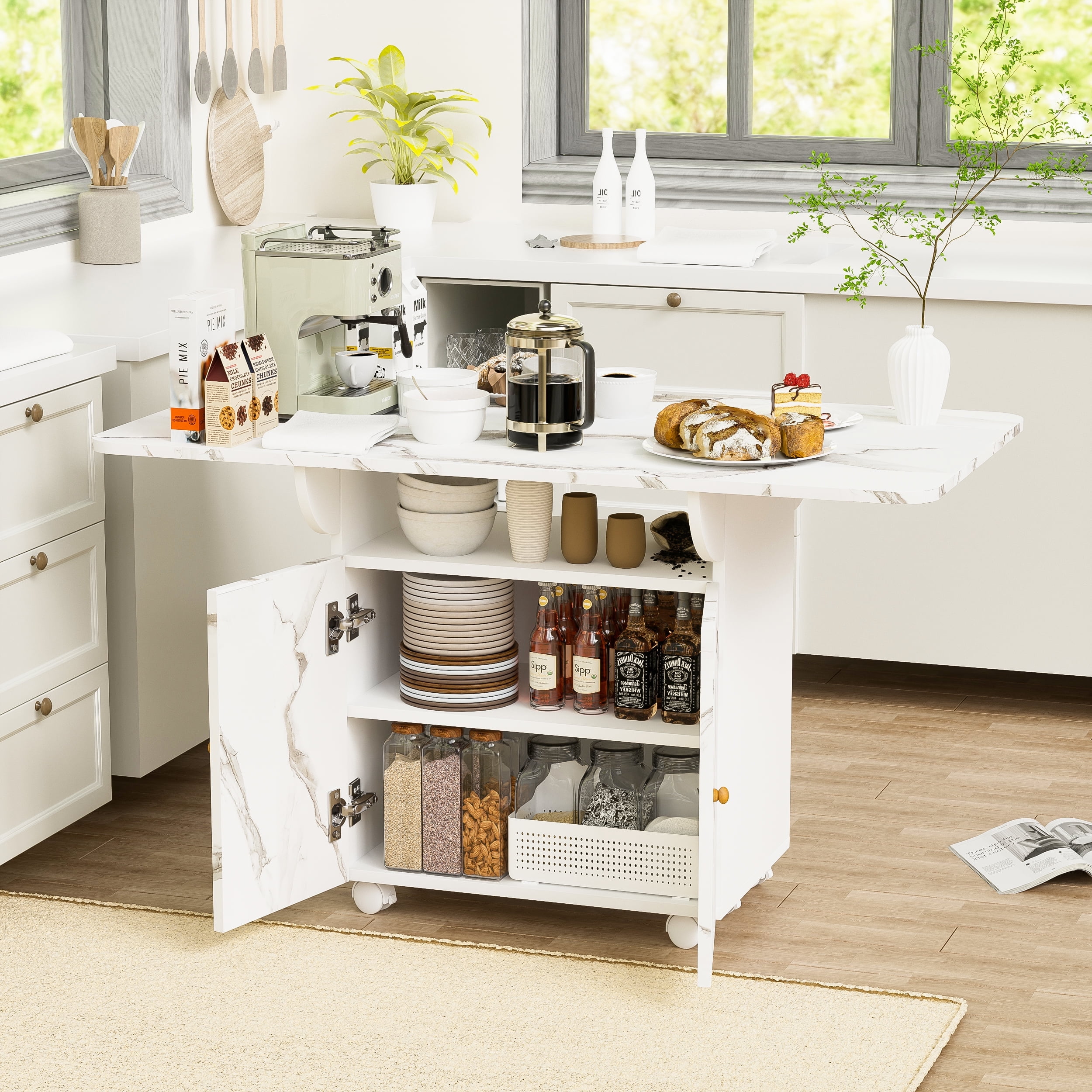 47 Wood Folding Dining Table with storage rack and cabinet Removable Entryway Table with 6 Wheels White Marble Color Kitchen Island Side Table and