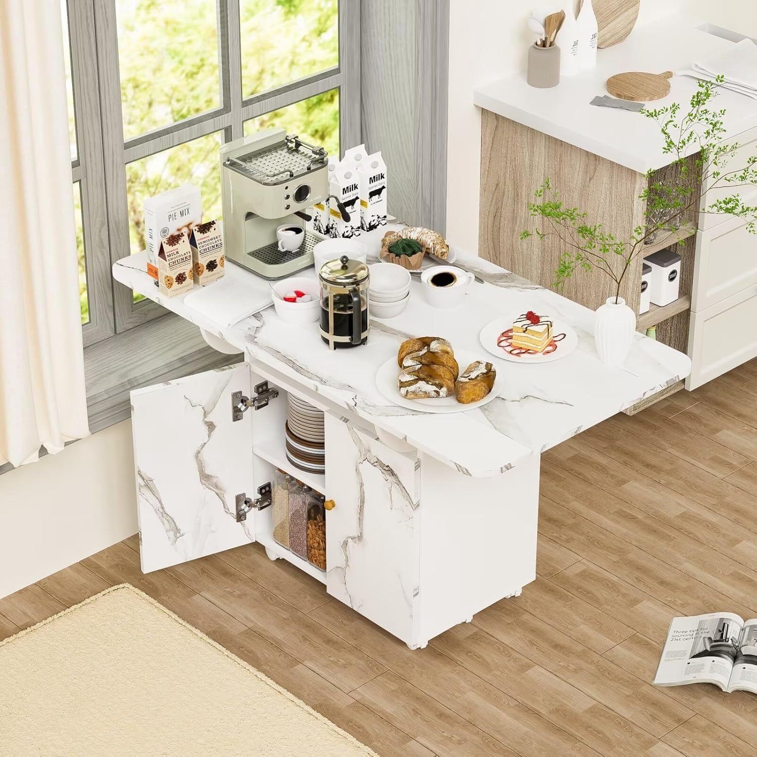 47" Wood Folding Dining Table with storage rack and cabinet, Removable ...