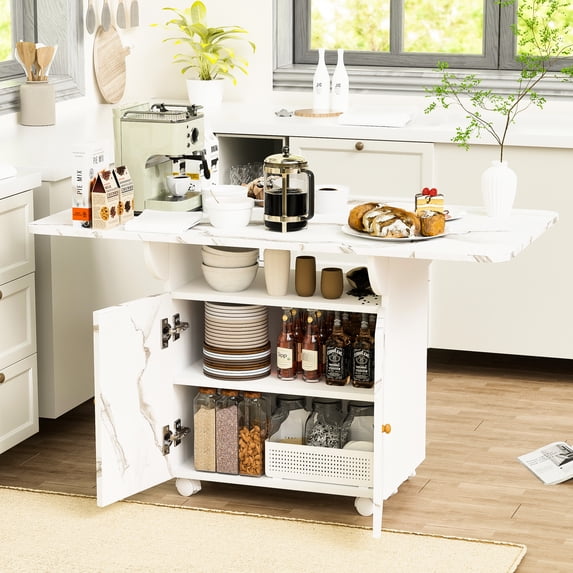 47" Wood Folding Table, White Marble Look, Multi-functional For Garage Marble Dining Table With Storage And 6 Wheels, 47", Suitable Different Settings