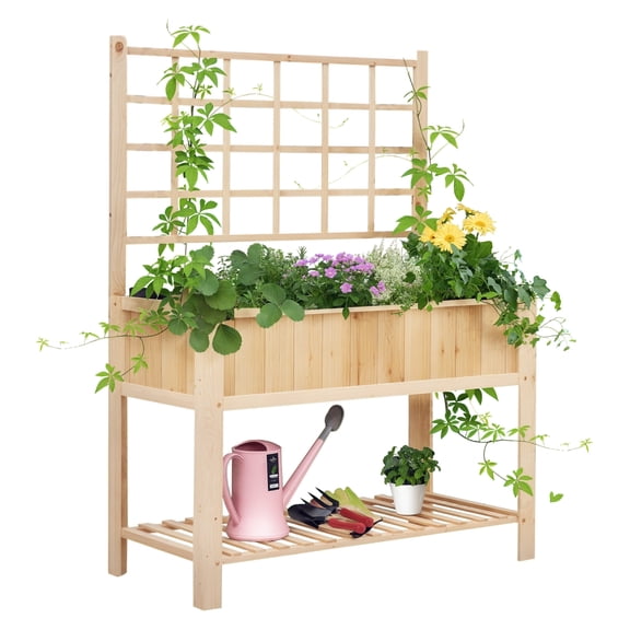 47'' Wooden Raised Garden Bed with Trellis, Coutryside Style Elevated Planter Box Stand with Open , Spacious Planting Area for Vegetables, , Flowers