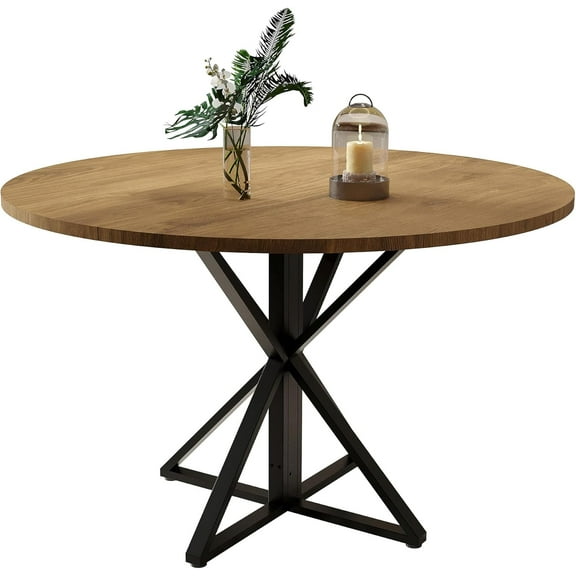 47" Wooden Round Dining Table for 4,  with Metal Pedestal & 4 Parts of Tabletop, Save Space, for Home Kitchen
