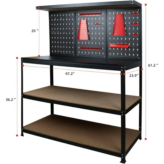 47Work Bench with Pegboard,330Lbs Multipurpose Work Benches for Garage, Home, Workshop Storage