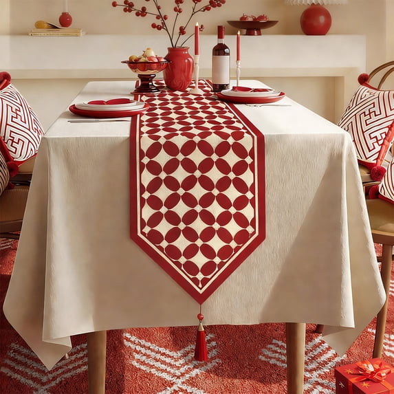 47" X 12" Red Table Runner with Tassels, Dresser Scarf Rustic Farmhouse Table Runners, For Dining Table Party Home Bedroom Decoration, Openwork Decorative Cover for Home Decor