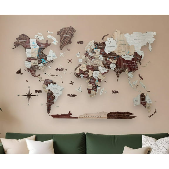 47" X 79" Brown and Beige Wood World Map Hanging Dimensional Sculpture