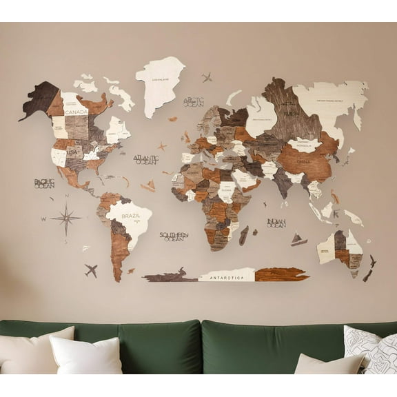 47" X 79" Brown and Beige Wood World Map Hanging Dimensional Sculpture