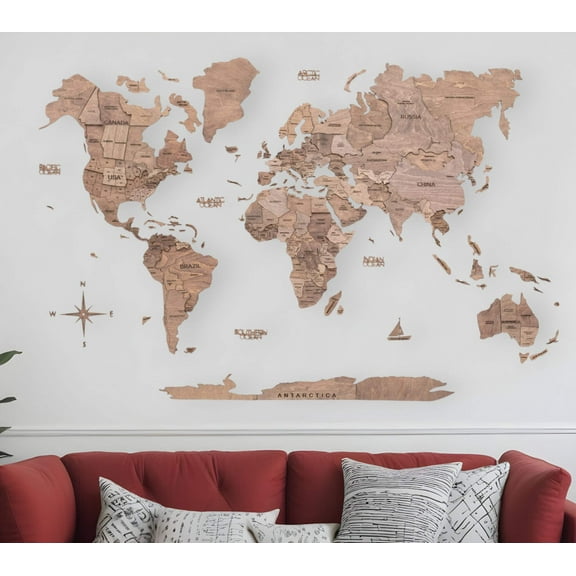 47" X 79" Wood Brown Wood World Map Hanging Dimensional Sculpture