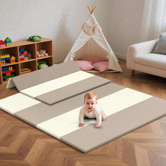 Baby Playmat for Infant, Newborn, Soft Floor Mat for Sit, Rest, Sleep & Play, Waterproof Indoor Outdoor Use 47"x47"x1.2",Beige+Milk Tea