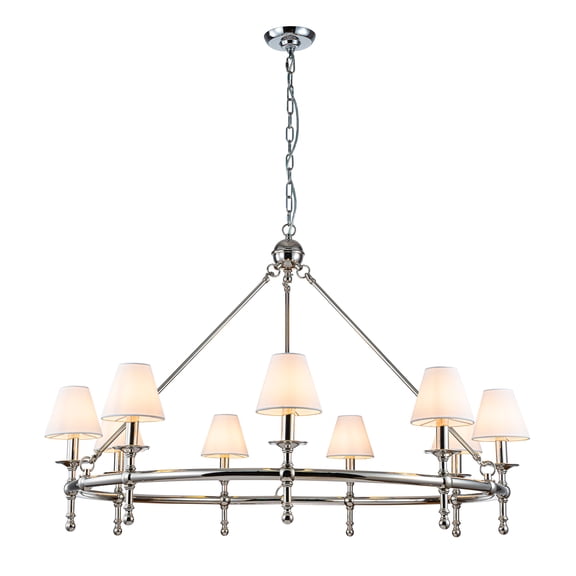 47 in. 9-Light Modern Polished Nickel Chandelier with White Fabric Shades for Dining Rooms and Large Rooms