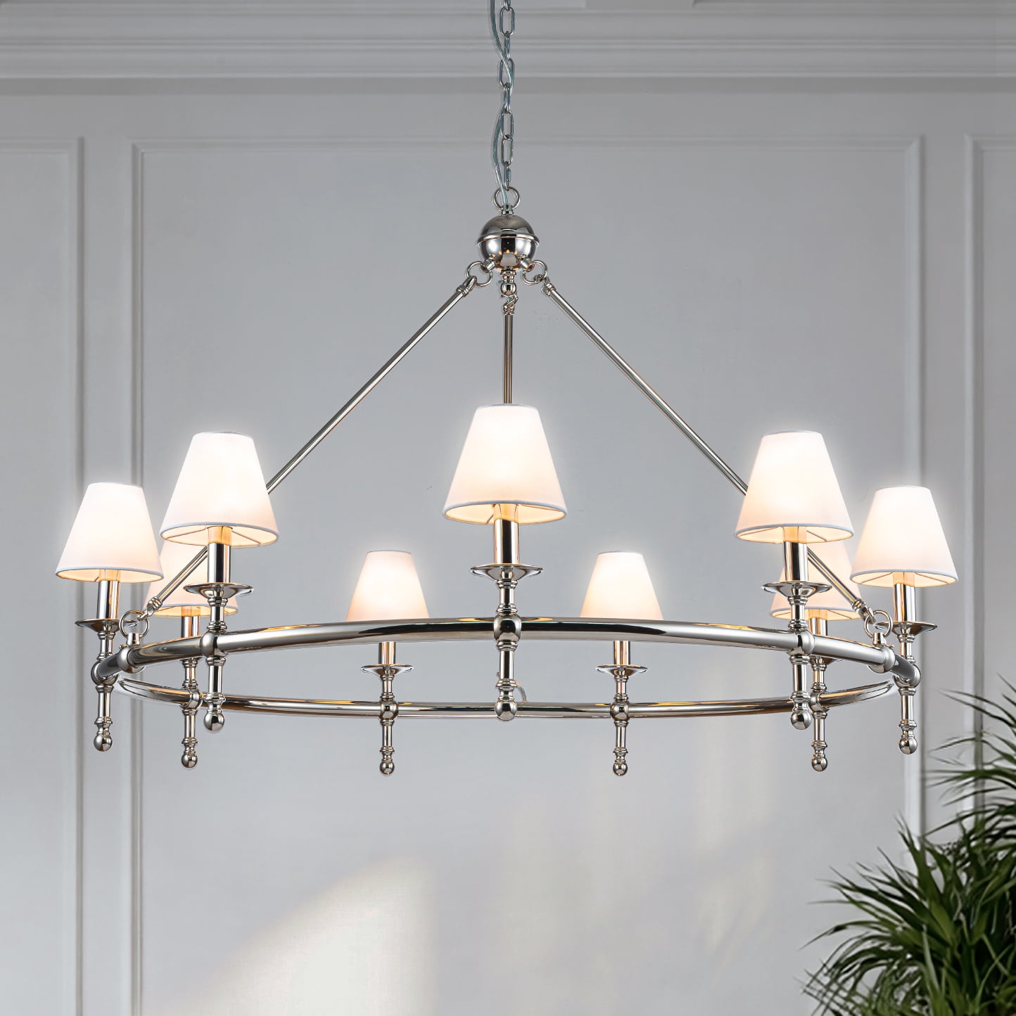 47 in. 9-Light  Modern Polished Nickel Chandelier with White Fabric Shades for Dining Rooms and Large Rooms