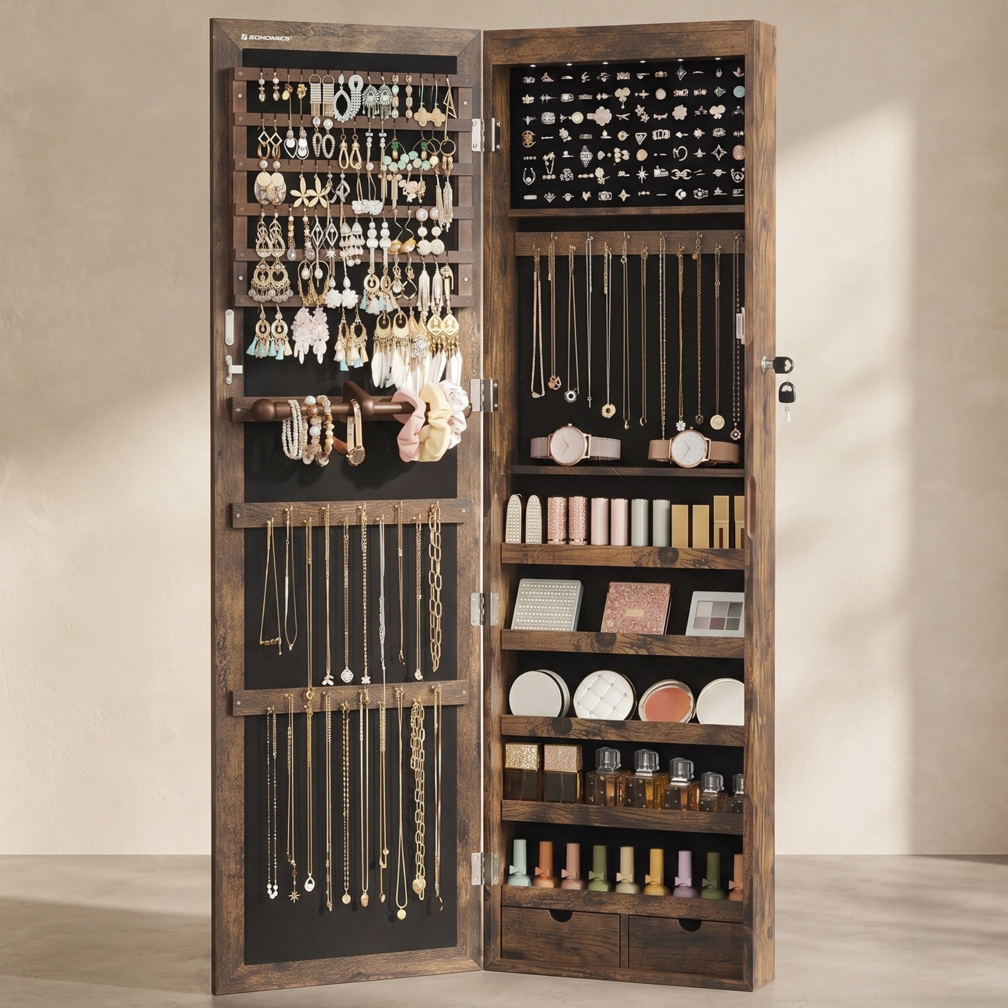 47 in. H x 14.6 in. W Rustic Brown Wall or Door Mounted Jewelry Cabinet with Full-Length Mirror, 6 LEDs and Lockable Door