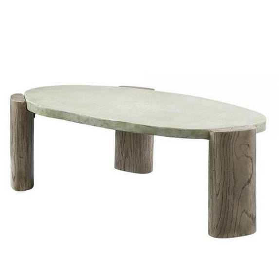 47 in. Oval Shape Cement Top Smooth Coffee Table, Gray & Oak Brown