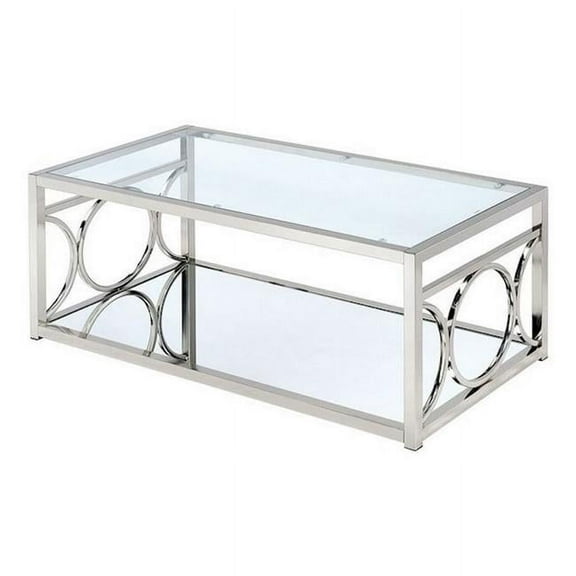 47 in. Paire Coffee Table with Glass Top, Mirrored Bottom Shelf & Metal Accents, Silver