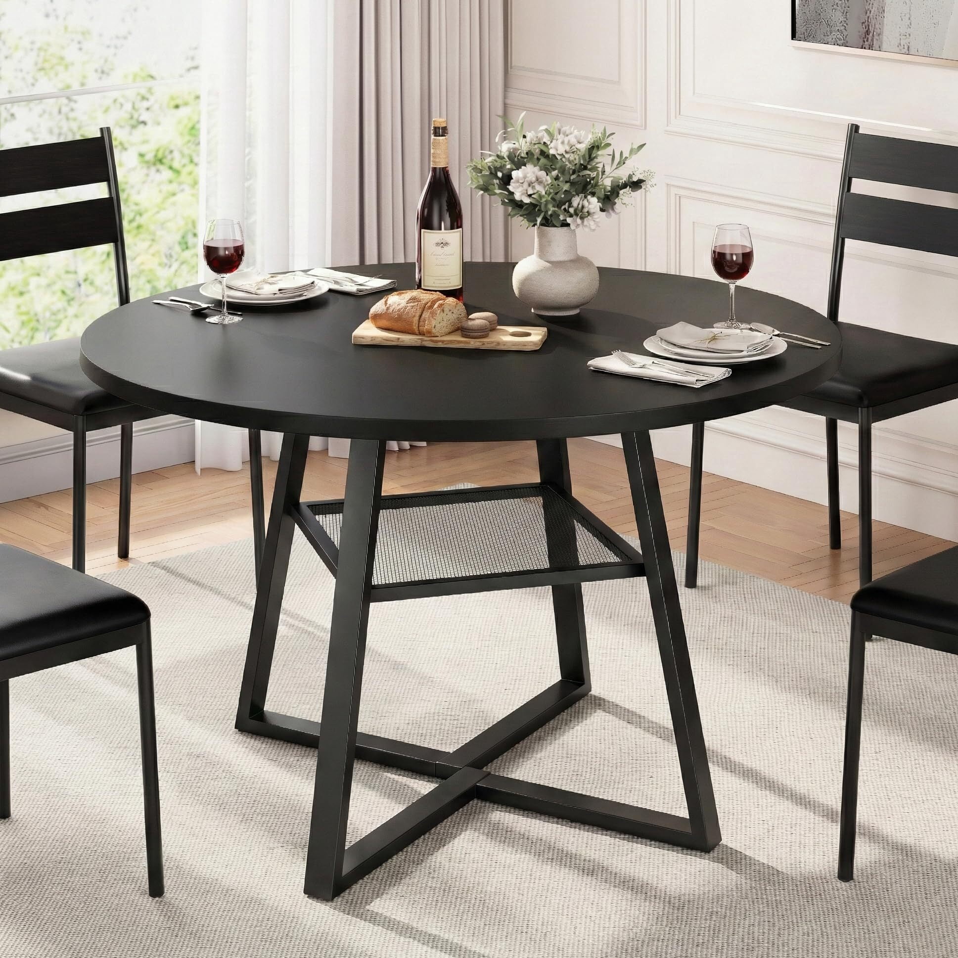 47 in Round Dining Table for 4–6, Space Saving Kitchen Table with Storage, Mid Century Modern Metal Legs, Black