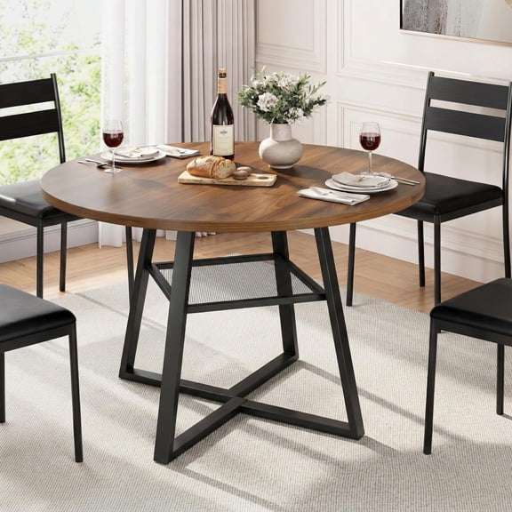 47 in Round Dining Table for 4–6, Space Saving Kitchen Table with Storage, Mid Century Modern Metal Legs, Walnut