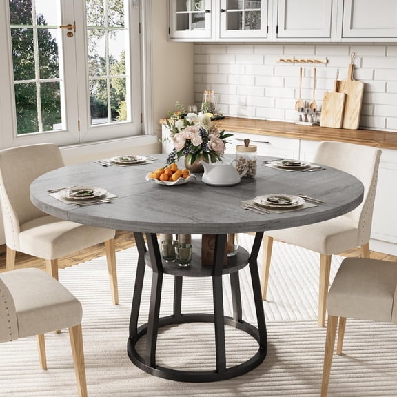 47 in Round Dining Table for 4, Farmhouse Circle Table with Storage and Metal Legs, Grey