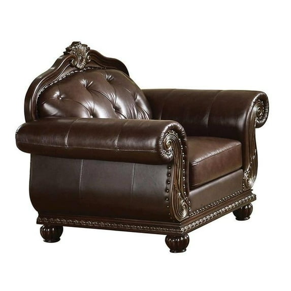 47 in. Top Grain Leather Tufted Arm Chair, Espresso & Black