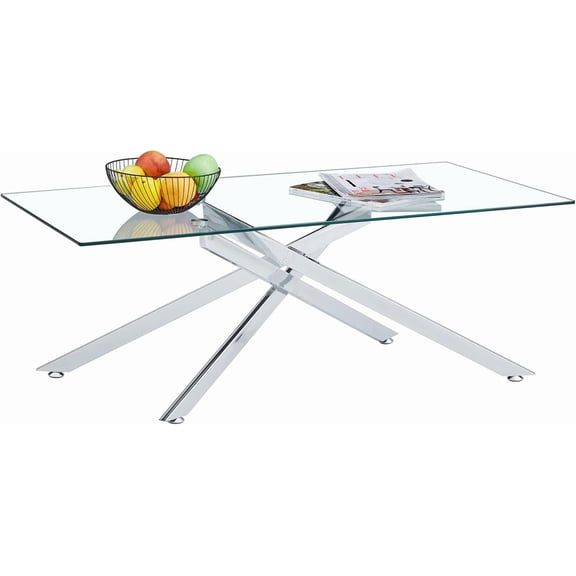 47 inch Clear Glass Coffee Table with Silver Chrome Metal Base, 47" Rectangle Glass Top Cocktail Tables, Modern Coffee Table for Living Room, Clear Center Tables