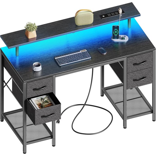 47 inch Computer Desk with 4 Drawers, Gaming Desk with LED Lights