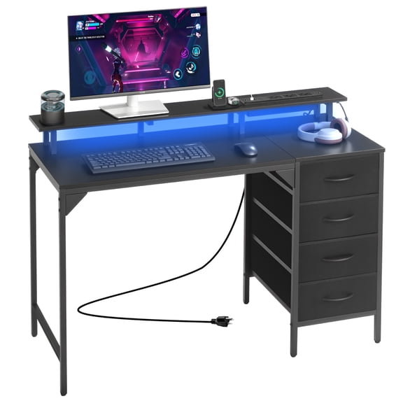 47 inch Computer Desk with Smart LED Lights Power Outlets 4 Large Drawers