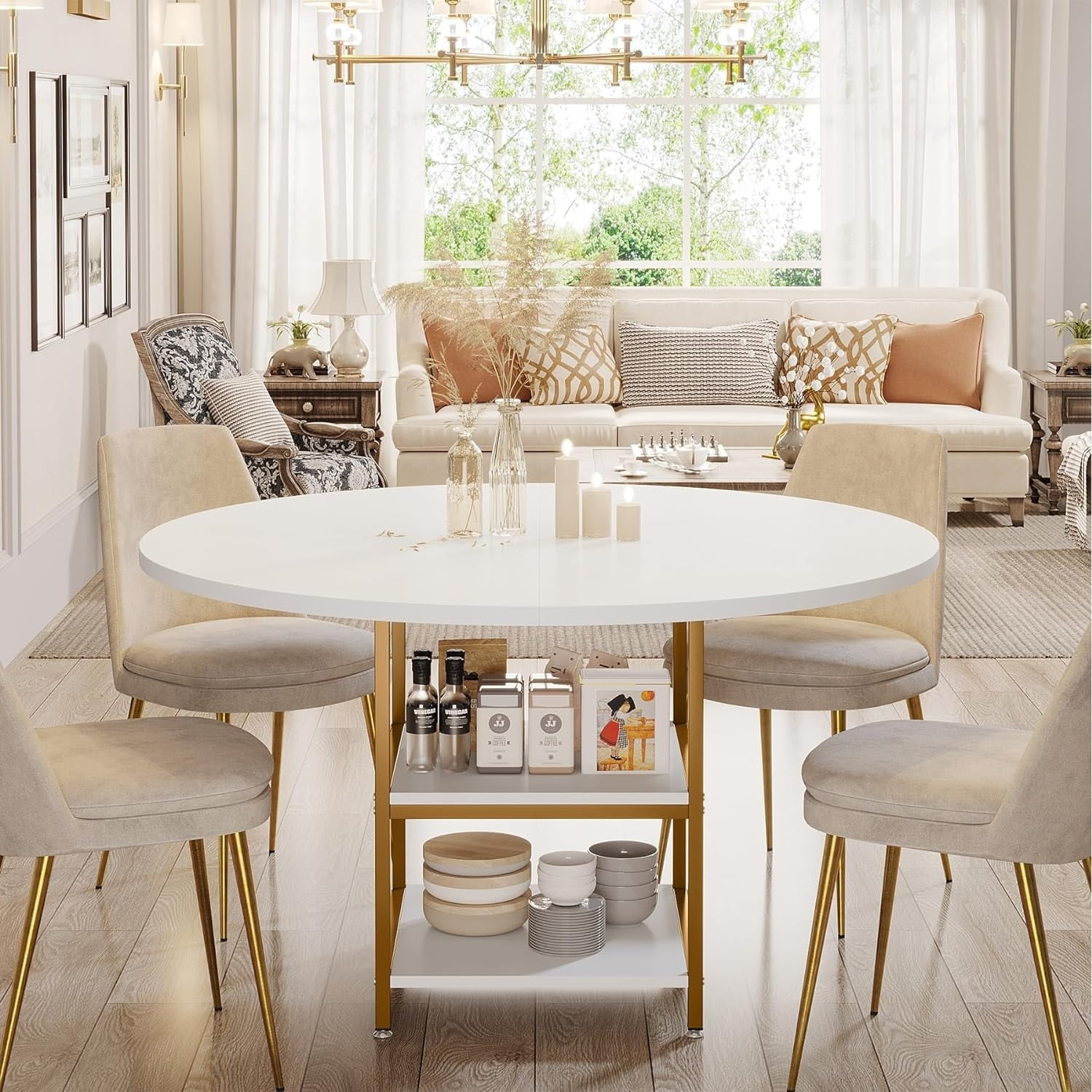 47-Inch Round White MDF Dining Table with Gold Metal Base