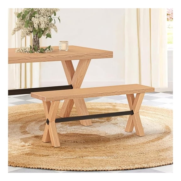 47 inch Dining Table with Solid Wood Benches, Farmhouse Kitchen Set, Natural Wood Grain, Heavy Duty Rectangular Dining Room Furniture, Oak Finish