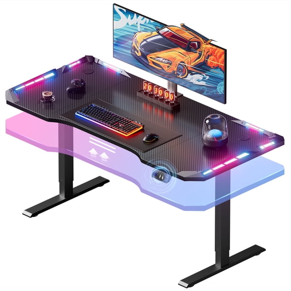 47 inch Gaming Standing Desk with LED Lights, Electric Height Adjustable Desk, Sit Stand up Desk with 2 Memory Preset,Computer Desk for Home Office