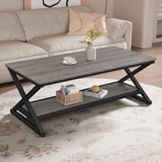 47 inch Gray Rectangle Coffee Table for Living Room, 2-Tier Wooden Coffee Tables with Round Corner, Modern Center Table for Small Space, Apartment, Office