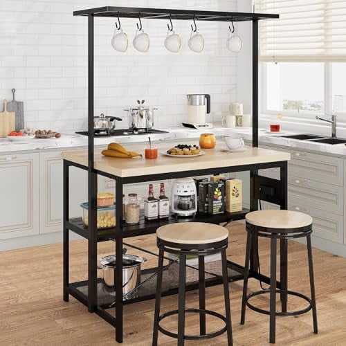 47 inch Kitchen Island with Storage & Power Outlets, Large Bakers Rack Microwave Stand with 3-Tier Shelves, 5 Hooks for Pantry Organization, Kitchen Counter Prep Table, Natural