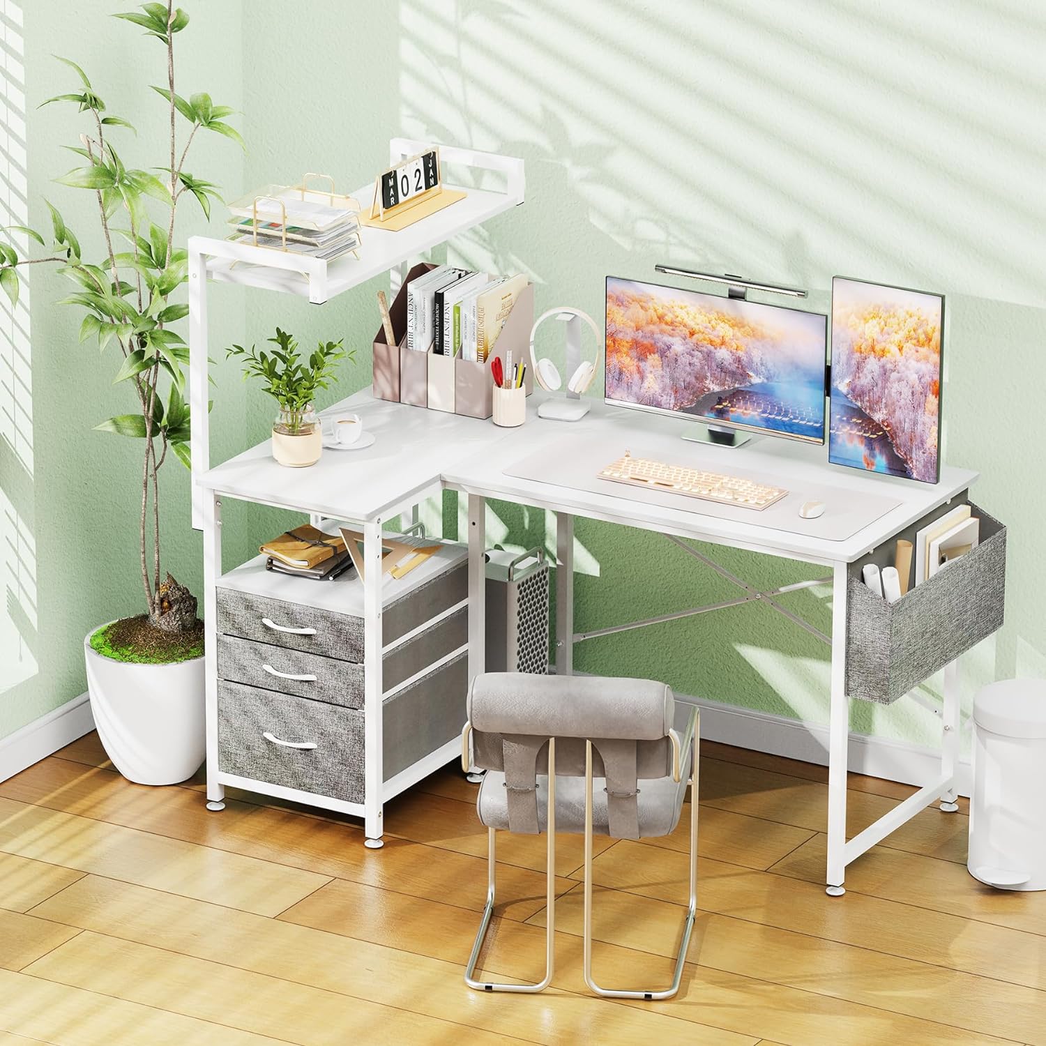47 inch L Shaped Desk with 3 Fabric Drawers, Reversible Computer Desk