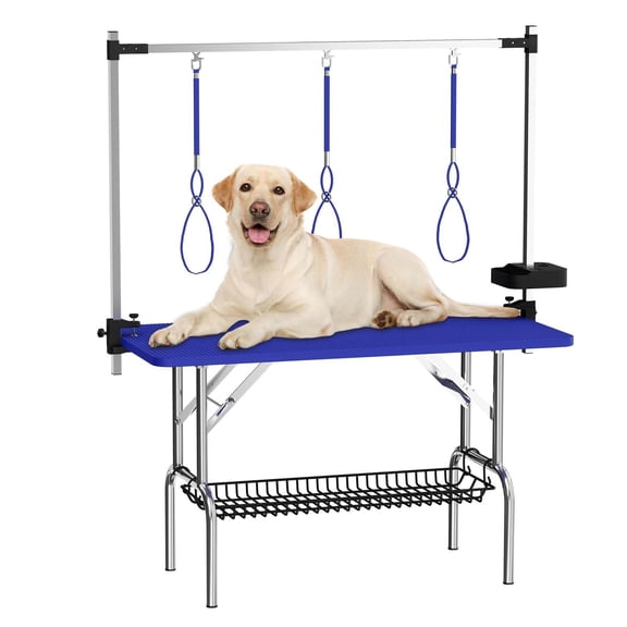 47 inch Large Dog Grooming Table Foldable Stainless Steel Adjustable Height Pet Station with Nooses, Mesh Tray, Tool Organizer for Home Grooming Blue